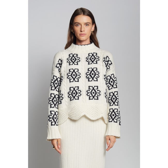 Women's Sienna Scandinavian Pattern Scallop Hem Sweater, Ivory & Black Combo - Sweaters - 2