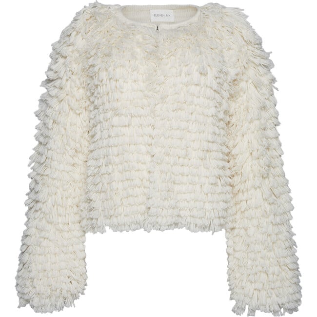 Women's Jenna Relaxed Fit Layered Fringed Stitch Sweater Jacket, Ivory