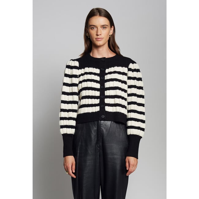 Women's Anna Stripe Crew Neck Cardigan, Ivory & Black Stripe - Sweaters - 2