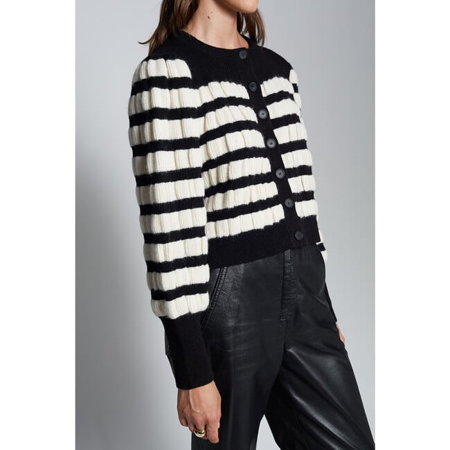 Women's Anna Stripe Crew Neck Cardigan, Ivory & Black Stripe - Sweaters - 5