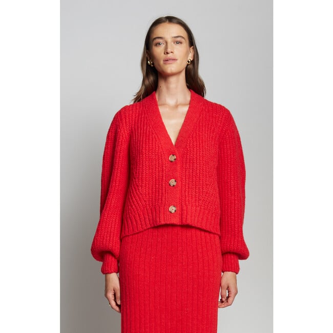 Women's Sara Feminine Blouson Sleeve Crop Cardigan, Scarlet - Sweaters - 2