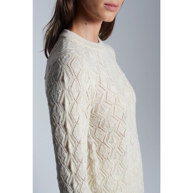 Women's Theresa Slim Crew Neck Modern Lace Stitch Sweater, Ivory - Sweaters - 6