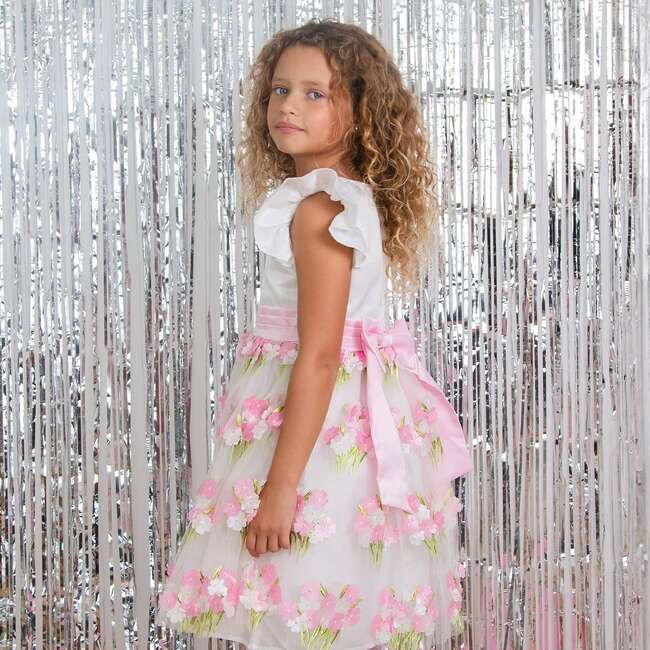 Clemmie Floral Embellished Flower Girl & Occasion Dress, White & Pink - Dresses - 4