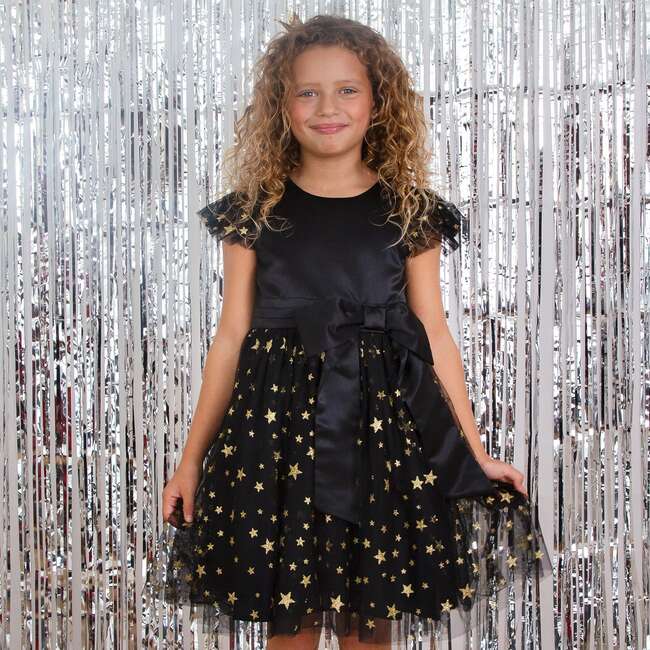 Stella Satin & Gold Star Girls Party Dress, Black & Gold - Dresses - 3