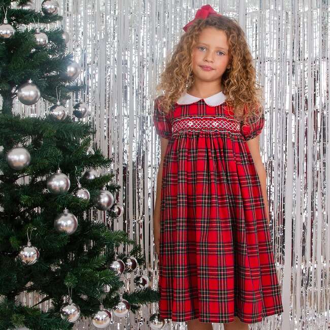 Princess Lana Hand Smocked Plaid Girls Dress, Red - Dresses - 3