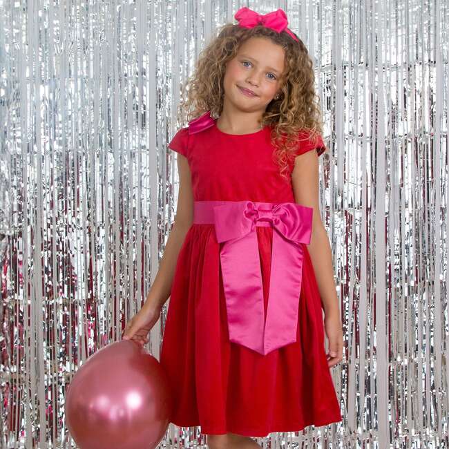 Rosie Velvet & Satin Bow Girls Party Dress, Red & Pink - Dresses - 3