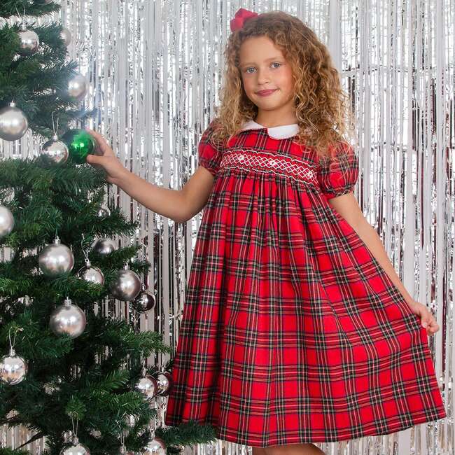 Princess Lana Hand Smocked Plaid Girls Dress, Red - Dresses - 4