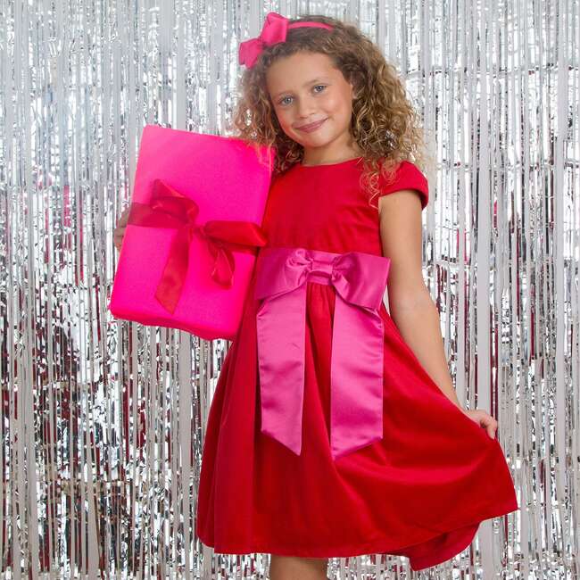 Rosie Velvet & Satin Bow Girls Party Dress, Red & Pink - Dresses - 4