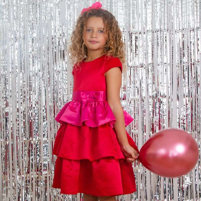 Ruby Frill Satin Girls Party Dress, Red & Pink - Dresses - 4