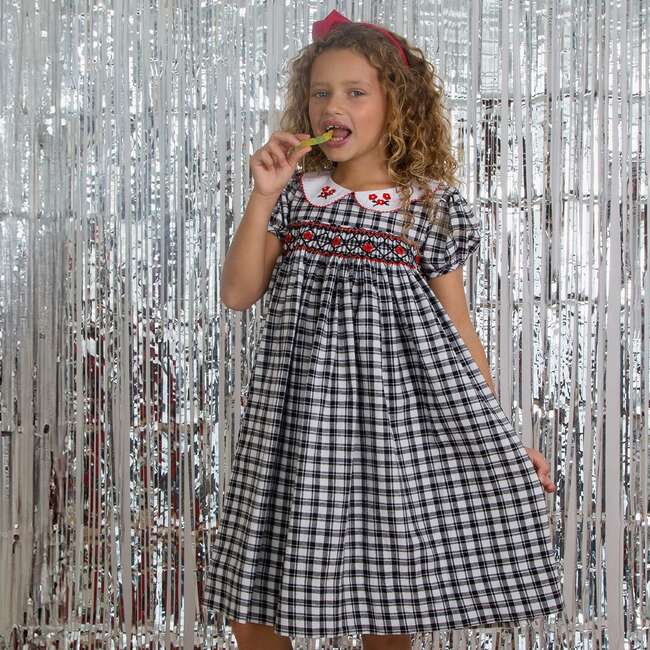 Little Princess Layla Hand Smocked & Embroidered Check Baby Dress, Black & White - Dresses - 3