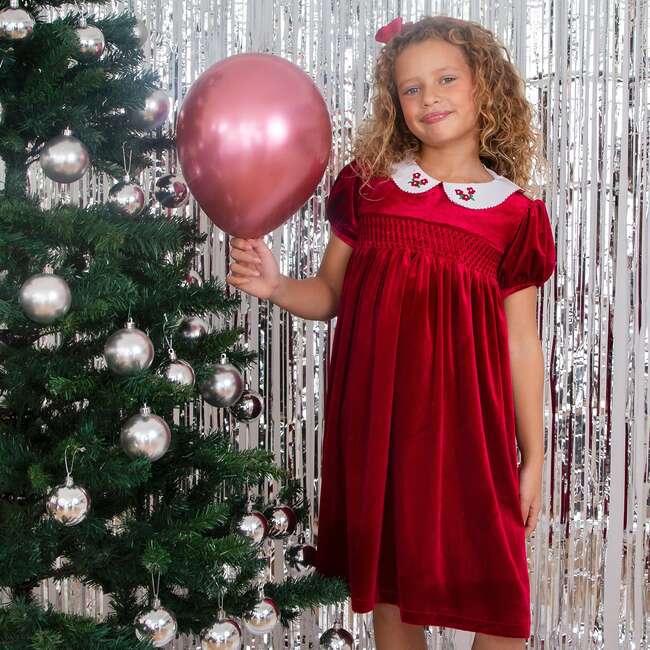 Princess Cherry Hand Smocked Velvet Girls Dress, Red - Dresses - 4