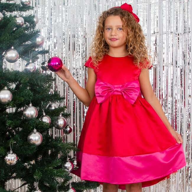 Florence Bow Satin Girls Party Dress, Red & Pink - Dresses - 3