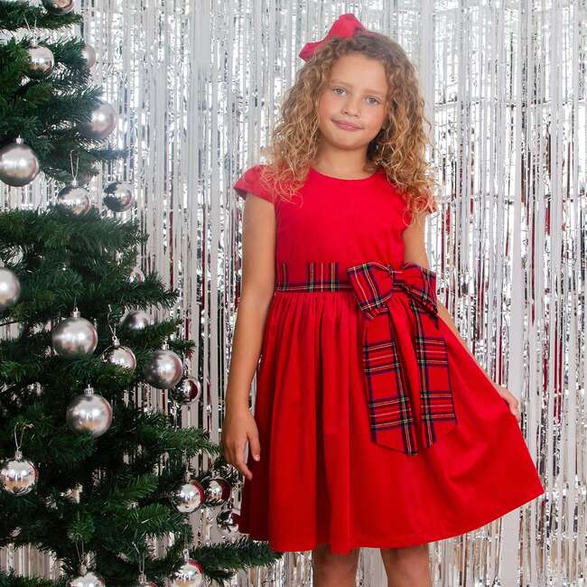 Ailsa Velvet & Plaid Bow Girls Party Dress, Red - Dresses - 3