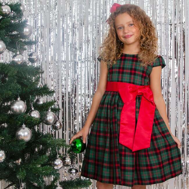 Cameron Plaid & Satin Bow Girls Party Dress, Green & Red - Dresses - 3