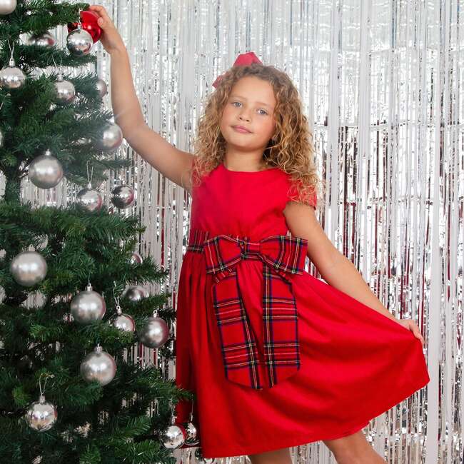 Ailsa Velvet & Plaid Bow Girls Party Dress, Red - Dresses - 4