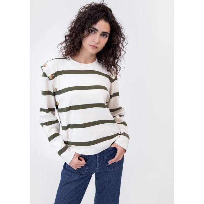 Women's Berk Top, Cream/Fern Wide Stripe - Sweaters - 5