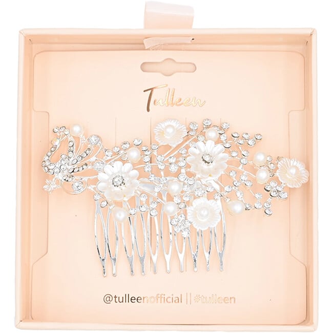 Crystal Ribbon Flowerbed Hair Comb, Silver - Hair Accessories - 3