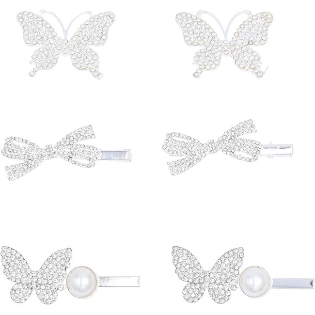 Crystal Bow & Butterfly Mosaic Hair Clips, Silver