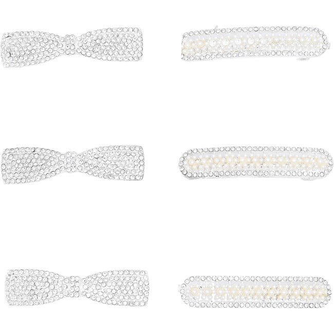 Crystal Bow & Pearl Studded Hair Clips, Silver