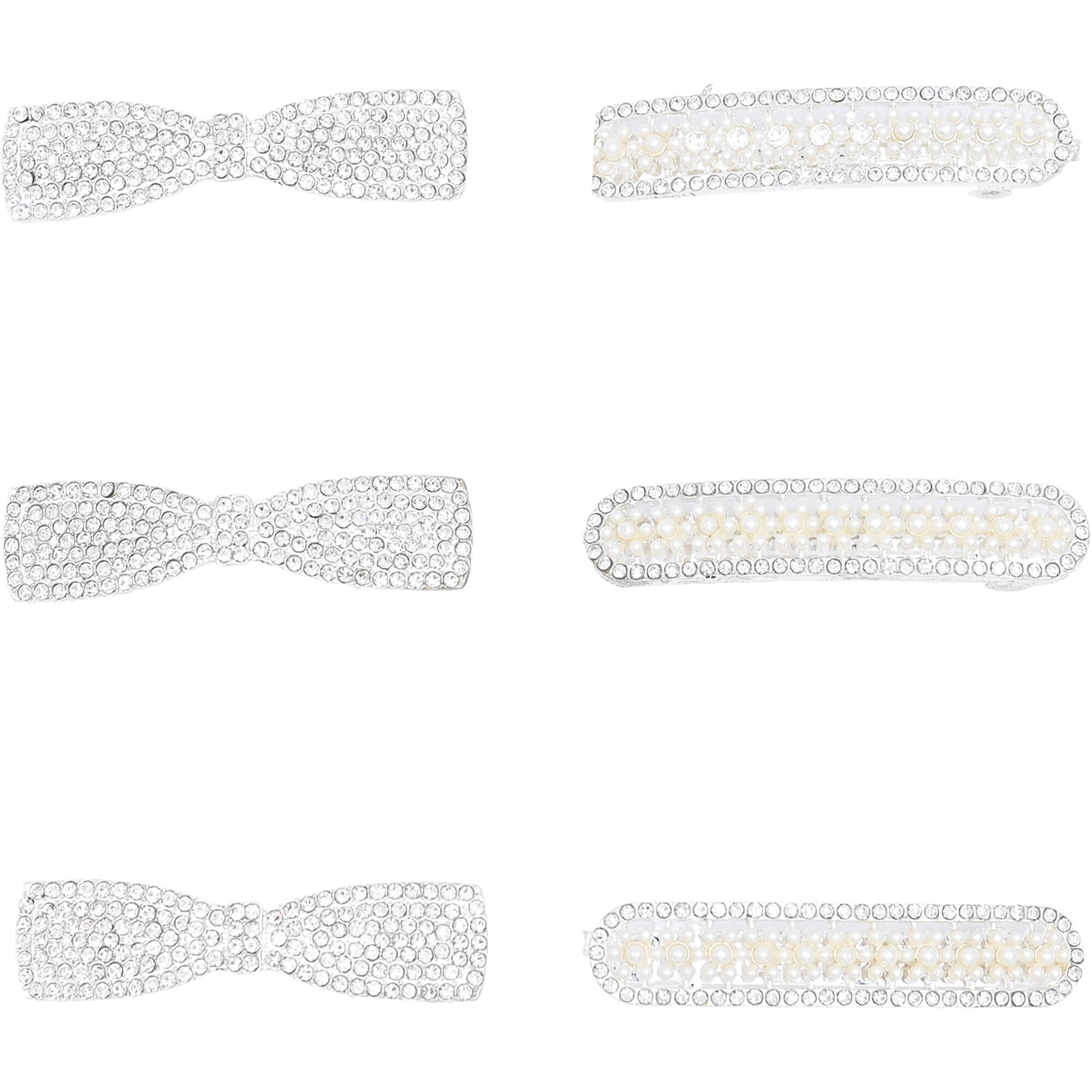 Crystal Bow & Pearl Studded Hair Clips, Silver - Hair Accessories - 1