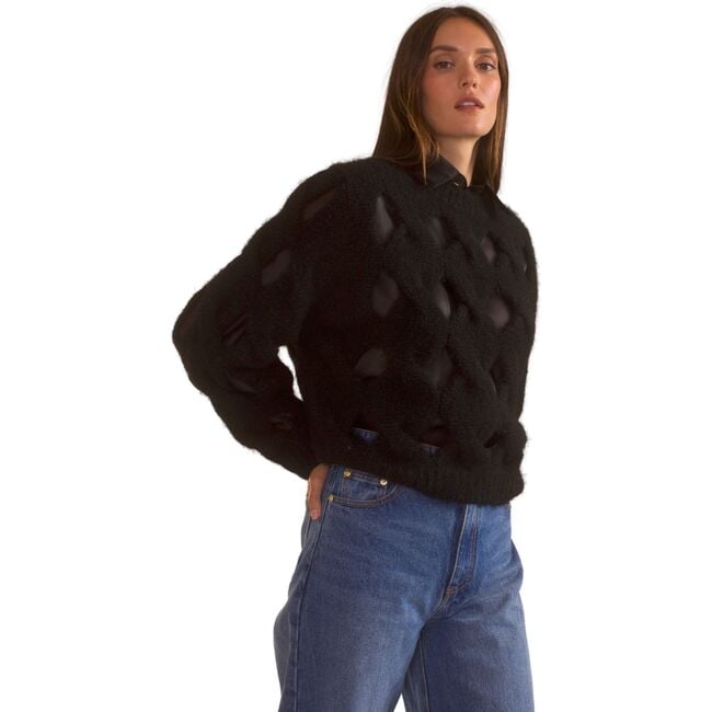 Women's Open Knit Sweater, Black - Sweaters - 4