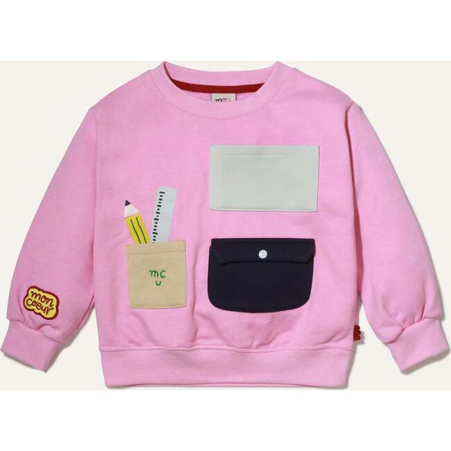 Kids Patch Pockets Crew Neck Drop Shoulder Sweatshirt, Pink