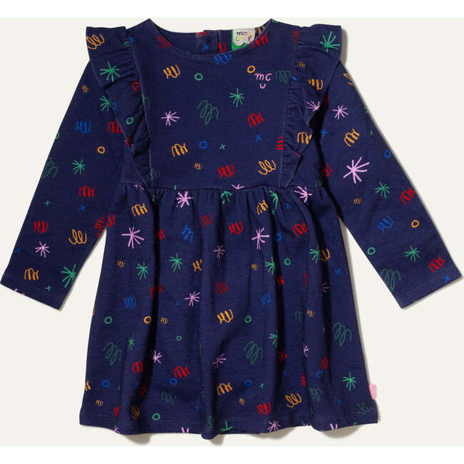 Kids Confetti Print Ruffle Long Sleeve High Waist Skirt Dress, Navy