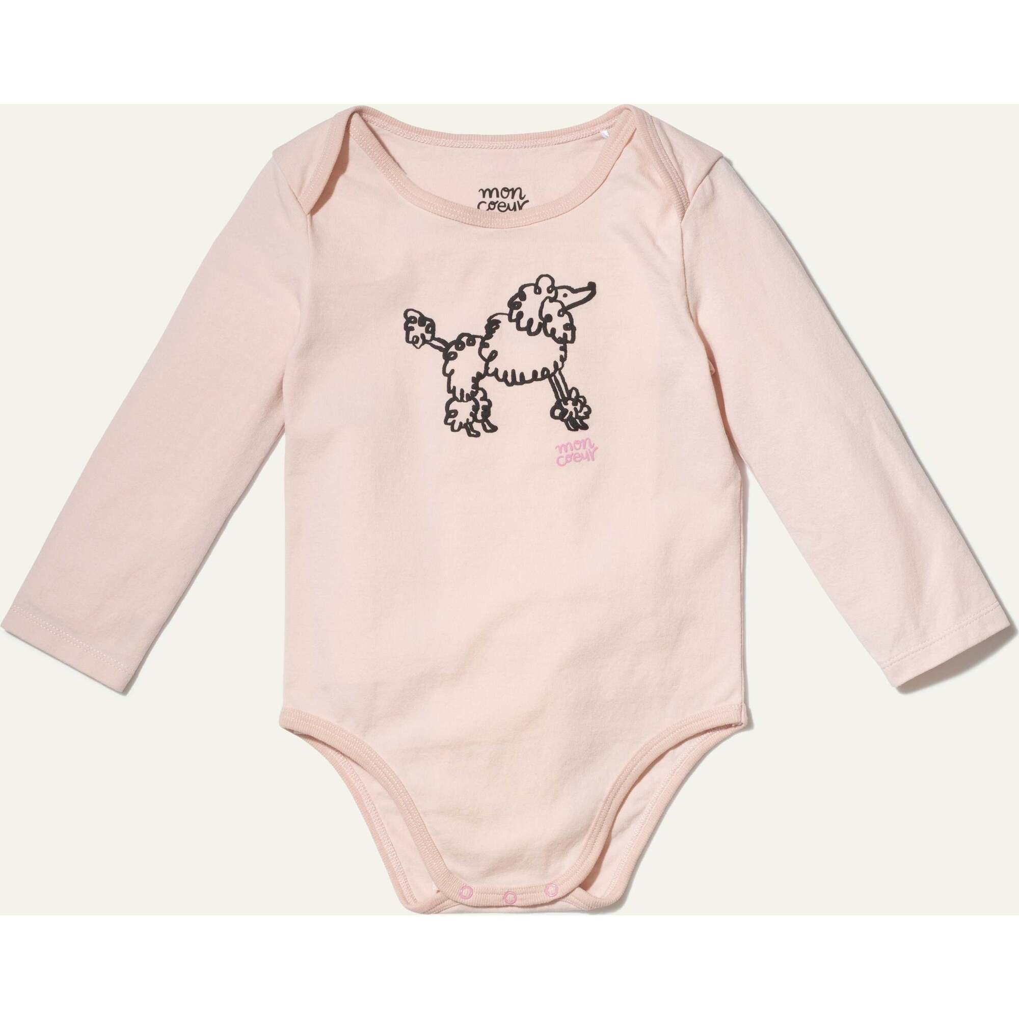 Coco Poodle Print Ribbed Long Sleeve Snap Button Bodysuit, Pink - Onesies - 1