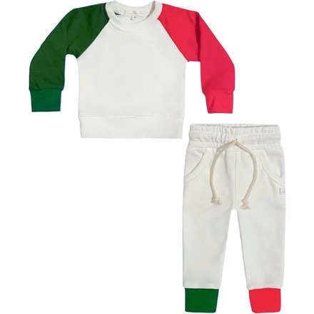 Holiday Colorblock Crewneck Terry Jogger Pant Set, White Red & Green