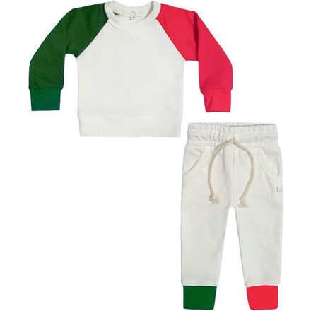 Holiday Colorblock Crewneck Terry Jogger Pant Set, White Red & Green - Mixed Apparel Set - 1