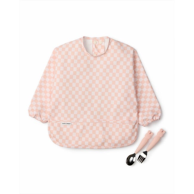 Kids Checkered Long Sleeve Bib & Utensil Set, Bunny