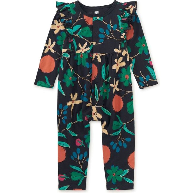 Snap Front Ruffle Baby Romper, Tea Floral