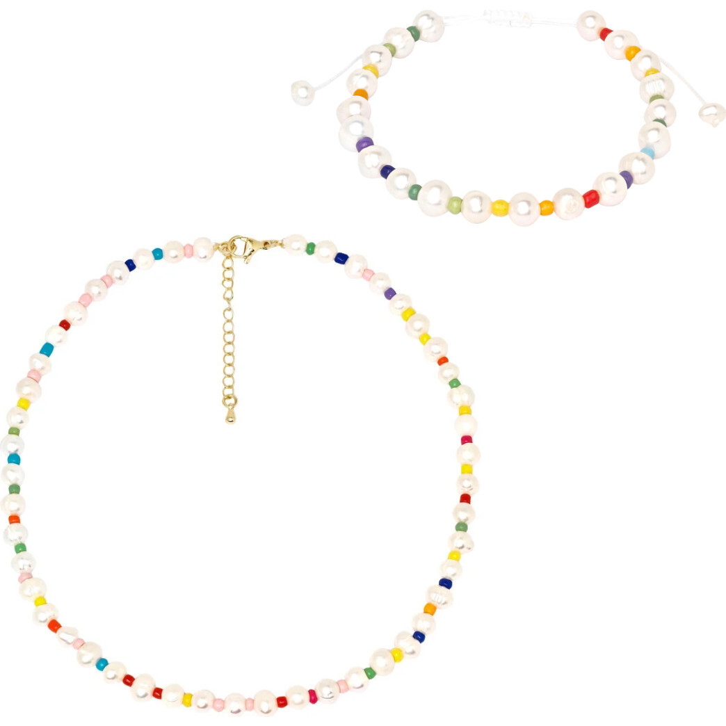 Women's Freshwater Pearl Rainbow Bracelet And Necklace Set - Mixed Accessories Set - 1
