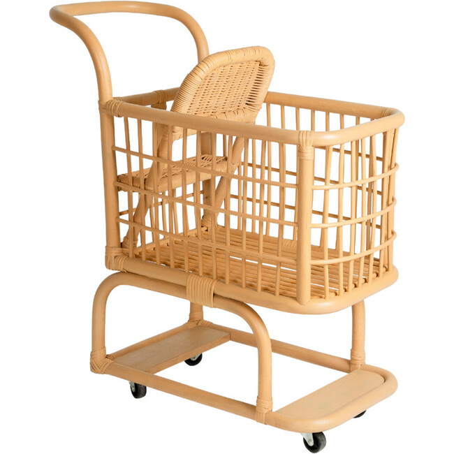 Kids Handcrafted Rattan Shopping Cart With Baby Seat, Natural