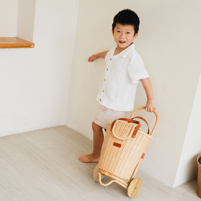 Eric Handcrafted Rattan Luggy With Detachable Tote Bag & Wooden Wheels, Natural - Push & Pull - 4