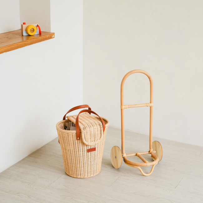 Eric Handcrafted Rattan Luggy With Detachable Tote Bag & Wooden Wheels, Natural - Push & Pull - 6