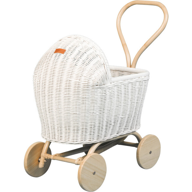 Colette Handcrafted Rattan Doll Stroller With Wooden Wheels & Toy Mattress, White