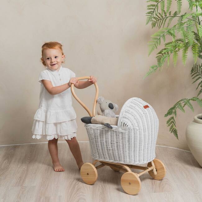 Colette Handcrafted Rattan Doll Stroller With Wooden Wheels & Toy Mattress, White - Push & Pull - 2