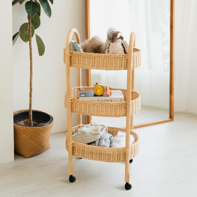 Con Handcrafted Rattan Utility Cart Trolley, Natural - Storage - 2