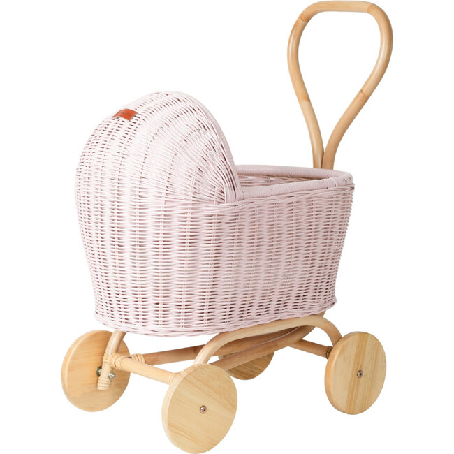 Colette Handcrafted Rattan Doll Stroller With Wooden Wheels & Toy Mattress, Soft Pink