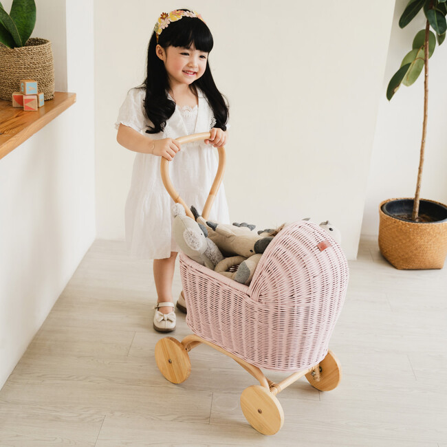 Colette Handcrafted Rattan Doll Stroller With Wooden Wheels & Toy Mattress, Soft Pink - Push & Pull - 2