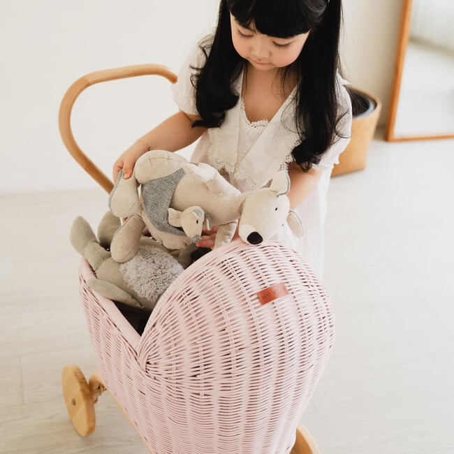 Colette Handcrafted Rattan Doll Stroller With Wooden Wheels & Toy Mattress, Soft Pink - Push & Pull - 6