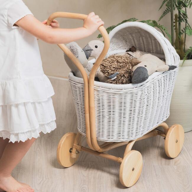 Colette Handcrafted Rattan Doll Stroller With Wooden Wheels & Toy Mattress, White - Push & Pull - 4