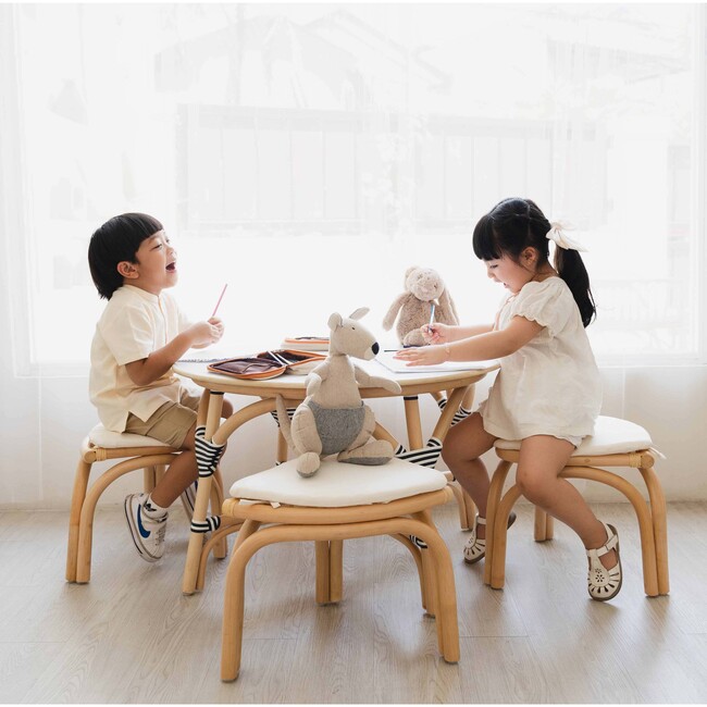 Aulia Kids Handcrafted Rattan Table With Laminated Plywood & 4 Matching Stools With Cushions, Natural - Accent Tables - 2