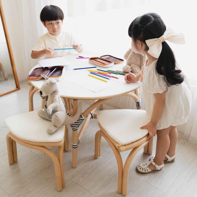 Aulia Kids Handcrafted Rattan Table With Laminated Plywood & 4 Matching Stools With Cushions, Natural - Accent Tables - 3