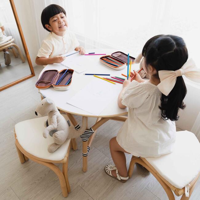 Aulia Kids Handcrafted Rattan Table With Laminated Plywood & 4 Matching Stools With Cushions, Natural - Accent Tables - 5