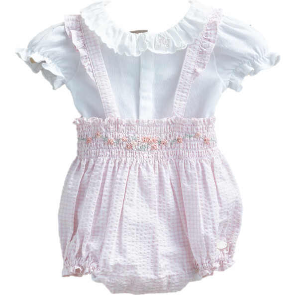 Sweet Embroidered Gingham Romper, Pink