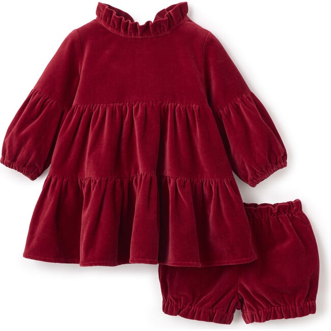 Velveteen Ruffle Collar Juliet Sleeve Dress & Bloomers, Festive Red