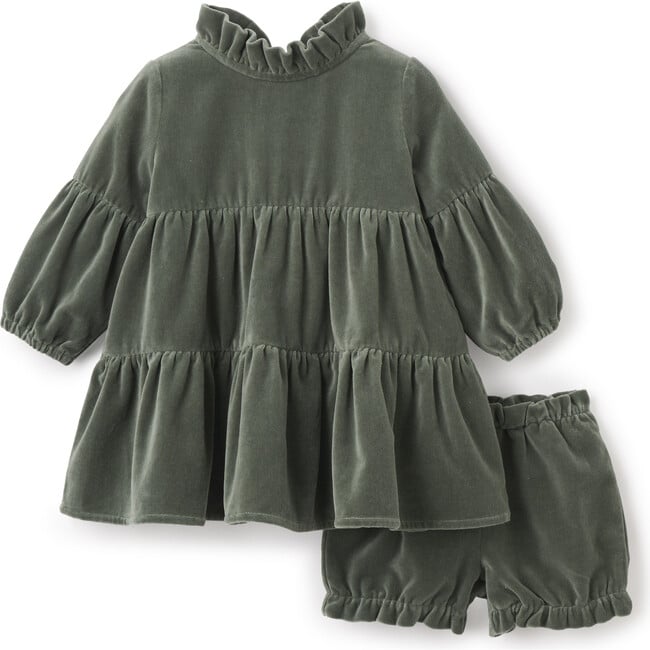 Velveteen Ruffle Collar Juliet Sleeve Dress & Bloomers, Dusty Green