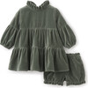 Velveteen Ruffle Collar Juliet Sleeve Dress & Bloomers, Dusty Green - Dresses - 1 - thumbnail